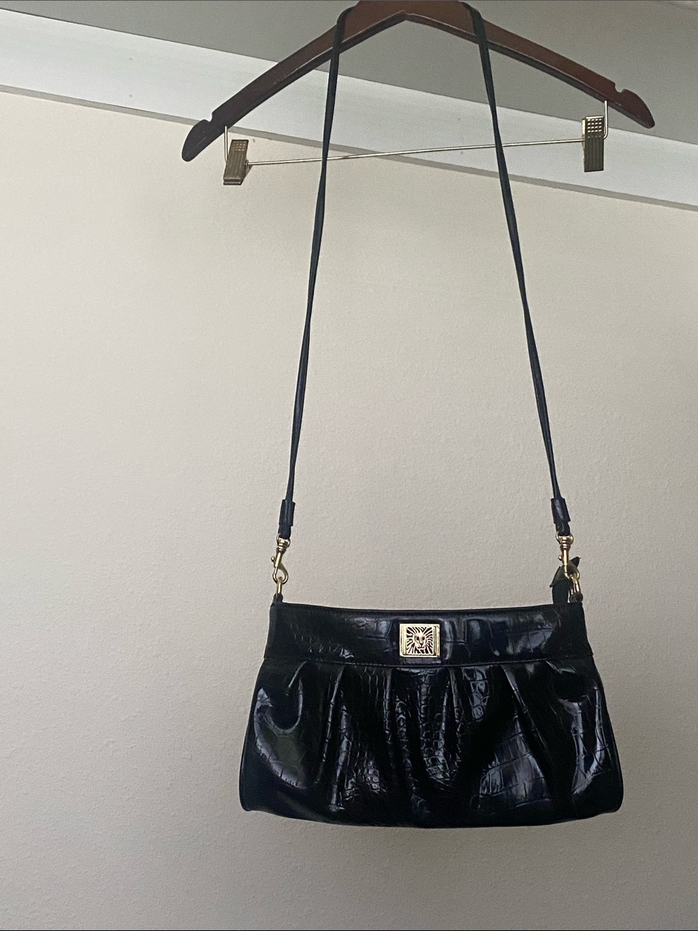 Ann Klein Classic Black Patent Leather Purse with Croc Texture